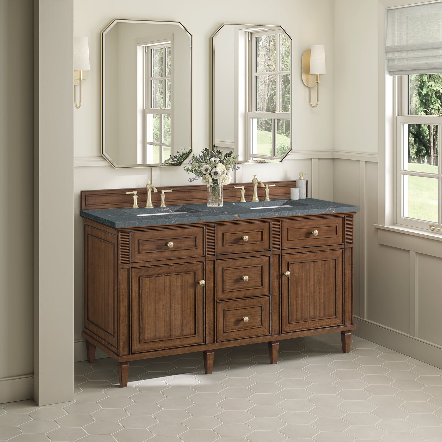 James Martin Vanities Lorelai 60" Mid-Century Walnut Double Vanity With 3 cm Parisien Bleu Silestone Top and FreePower Wireless Charger