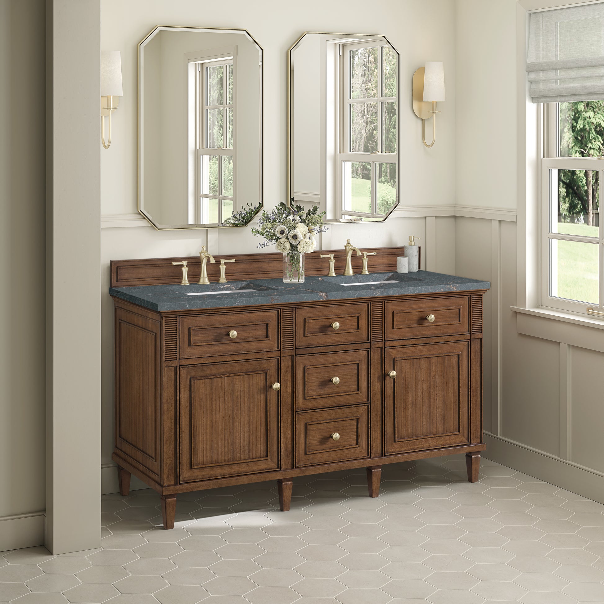 James Martin Vanities Lorelai 60" Mid-Century Walnut Double Vanity With 3 cm Parisien Bleu Silestone Top and FreePower Wireless Charger