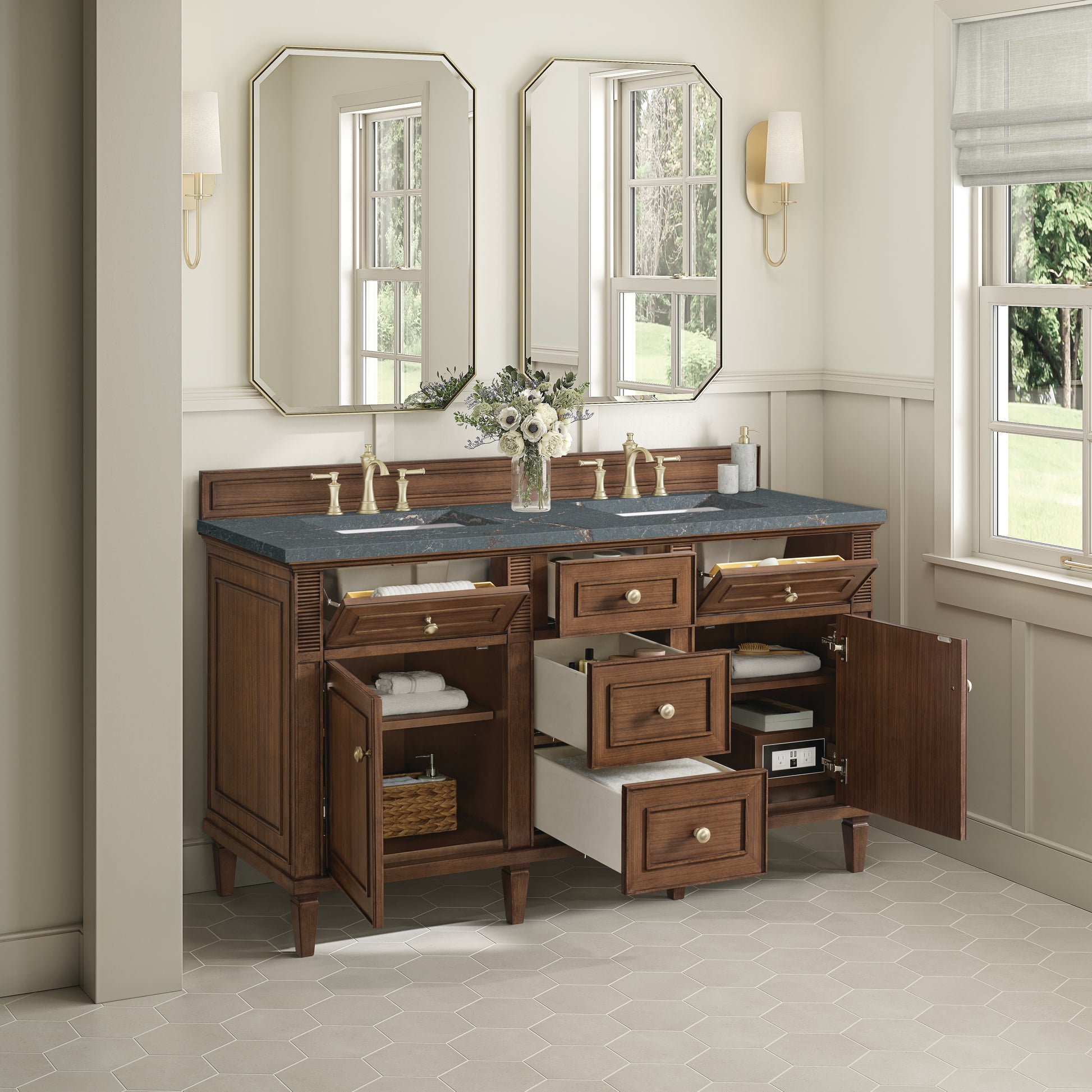 James Martin Vanities Lorelai 60" Mid-Century Walnut Double Vanity With 3 cm Parisien Bleu Silestone Top and FreePower Wireless Charger