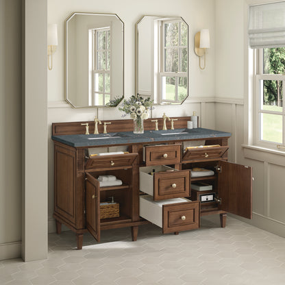 James Martin Vanities Lorelai 60" Mid-Century Walnut Double Vanity With 3 cm Parisien Bleu Silestone Top and FreePower Wireless Charger