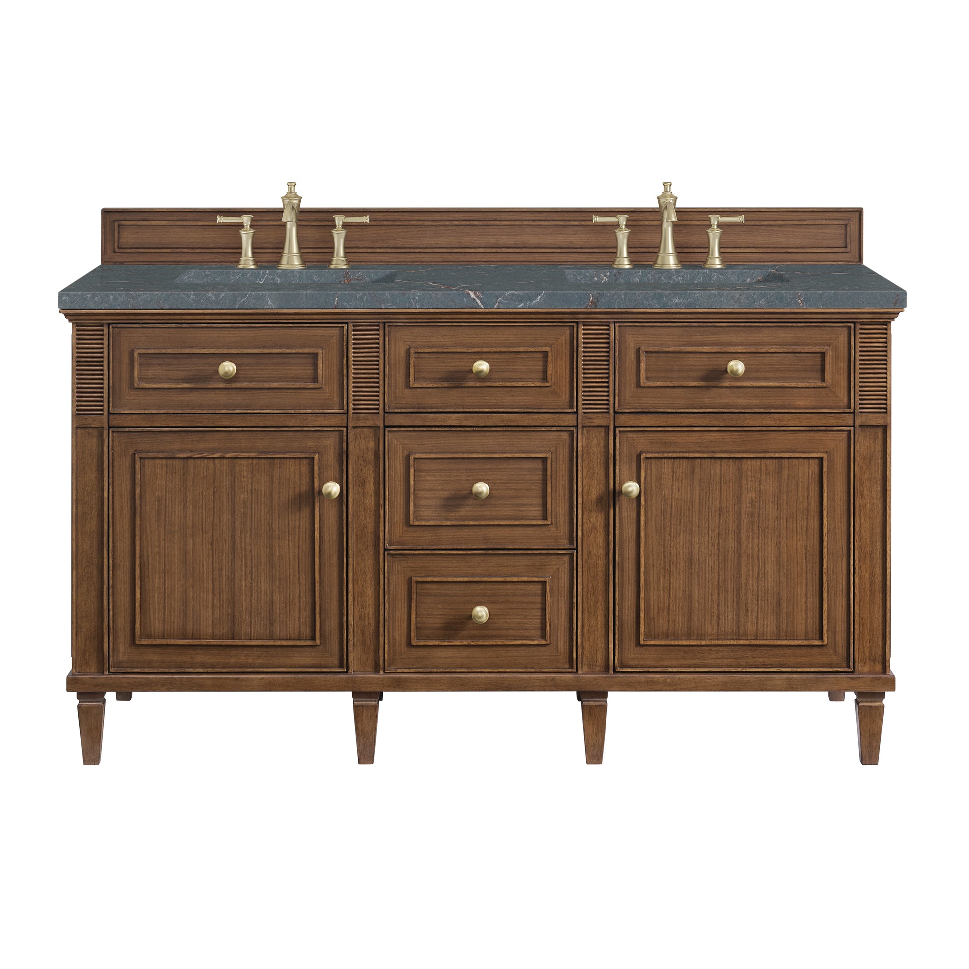 James Martin Vanities Lorelai 60" Mid-Century Walnut Double Vanity With 3 cm Parisien Bleu Silestone Top and FreePower Wireless Charger