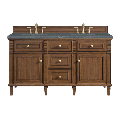 James Martin Vanities Lorelai 60" Mid-Century Walnut Double Vanity With 3 cm Parisien Bleu Silestone Top and FreePower Wireless Charger