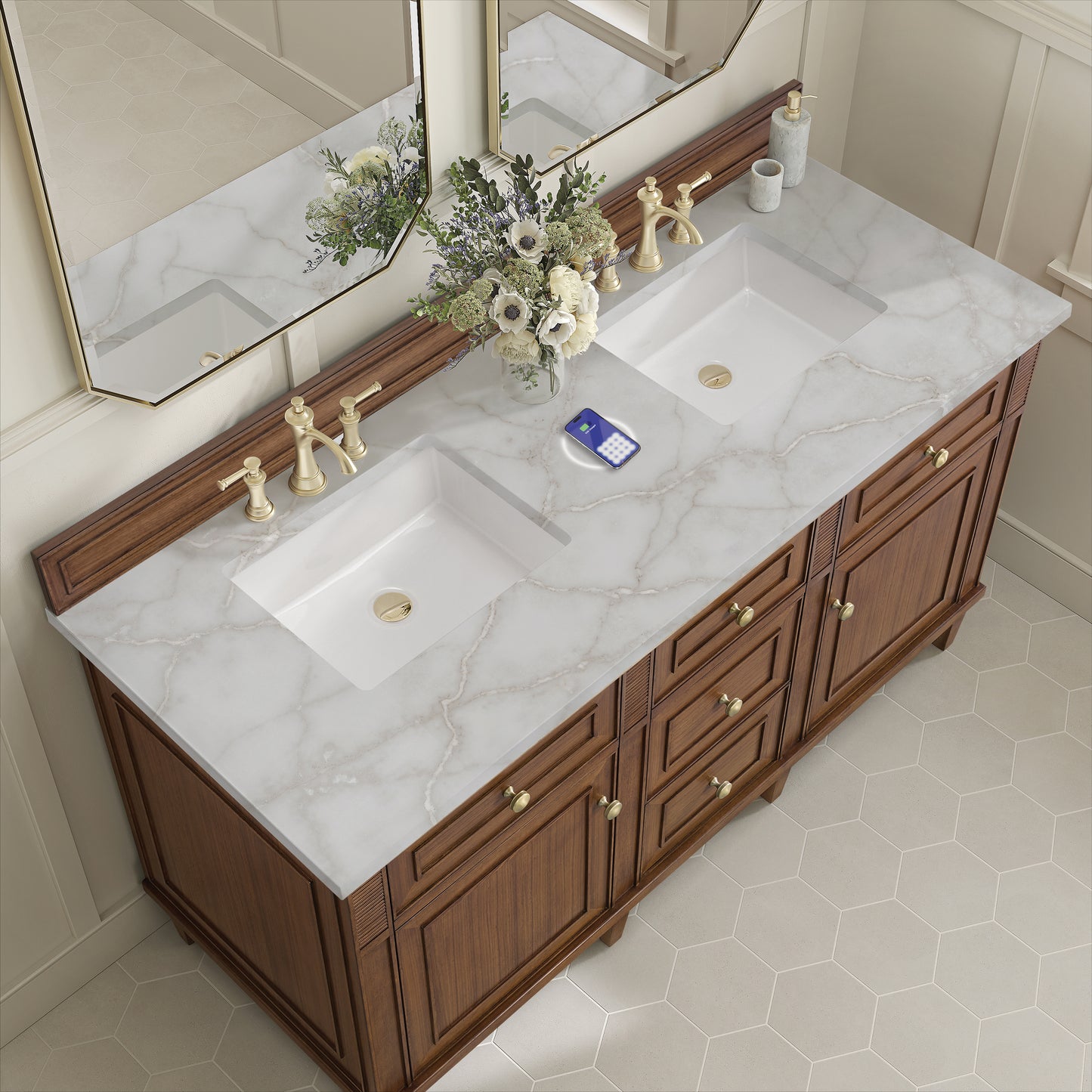 James Martin Vanities Lorelai 60" Mid-Century Walnut Double Vanity With 3 cm Victorian Silver Silestone Top and FreePower Wireless Charger
