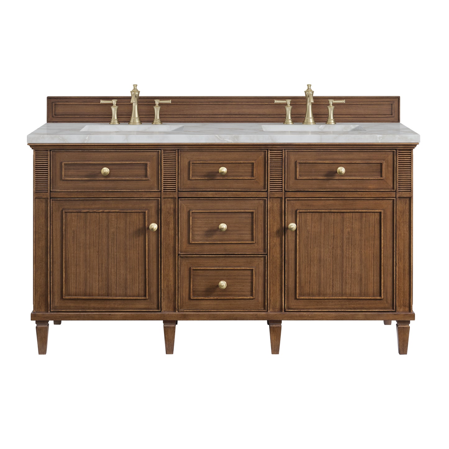 James Martin Vanities Lorelai 60" Mid-Century Walnut Double Vanity With 3 cm Victorian Silver Silestone Top and FreePower Wireless Charger