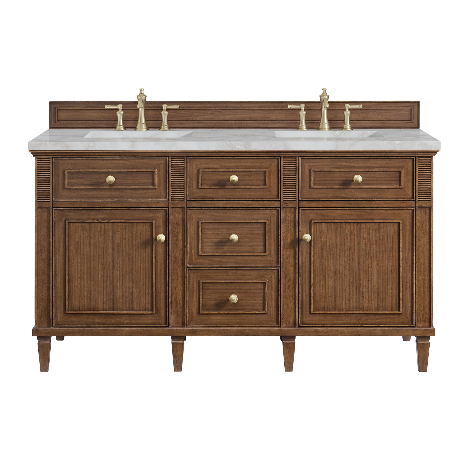 James Martin Vanities Lorelai 60" Mid-Century Walnut Double Vanity With 3 cm Victorian Silver Silestone Top and FreePower Wireless Charger