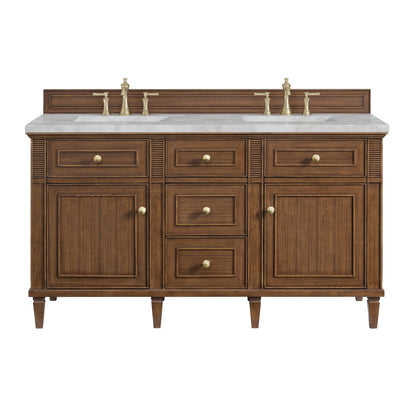 James Martin Vanities Lorelai 60" Mid-Century Walnut Double Vanity With 3 cm Victorian Silver Silestone Top and FreePower Wireless Charger