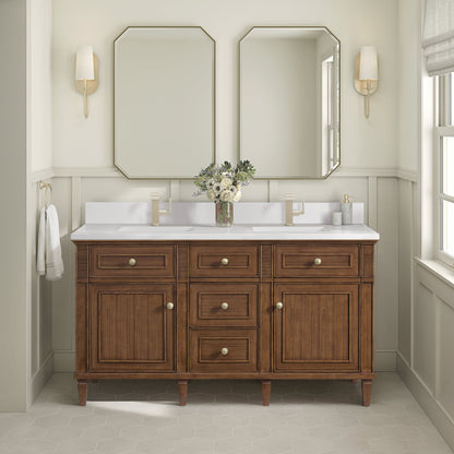 James Martin Vanities Lorelai 60" Mid-Century Walnut Double Vanity With Single Hole 3 CM White Zeus Quartz Top & Backsplash