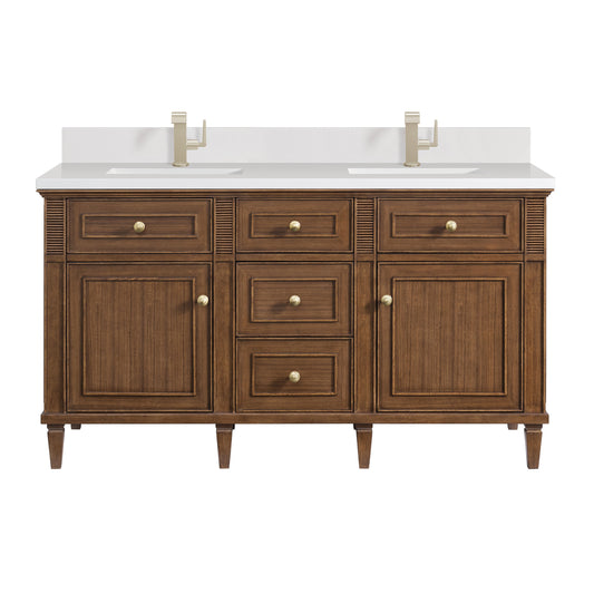 James Martin Vanities Lorelai 60" Mid-Century Walnut Double Vanity With Single Hole 3 CM White Zeus Quartz Top & Backsplash