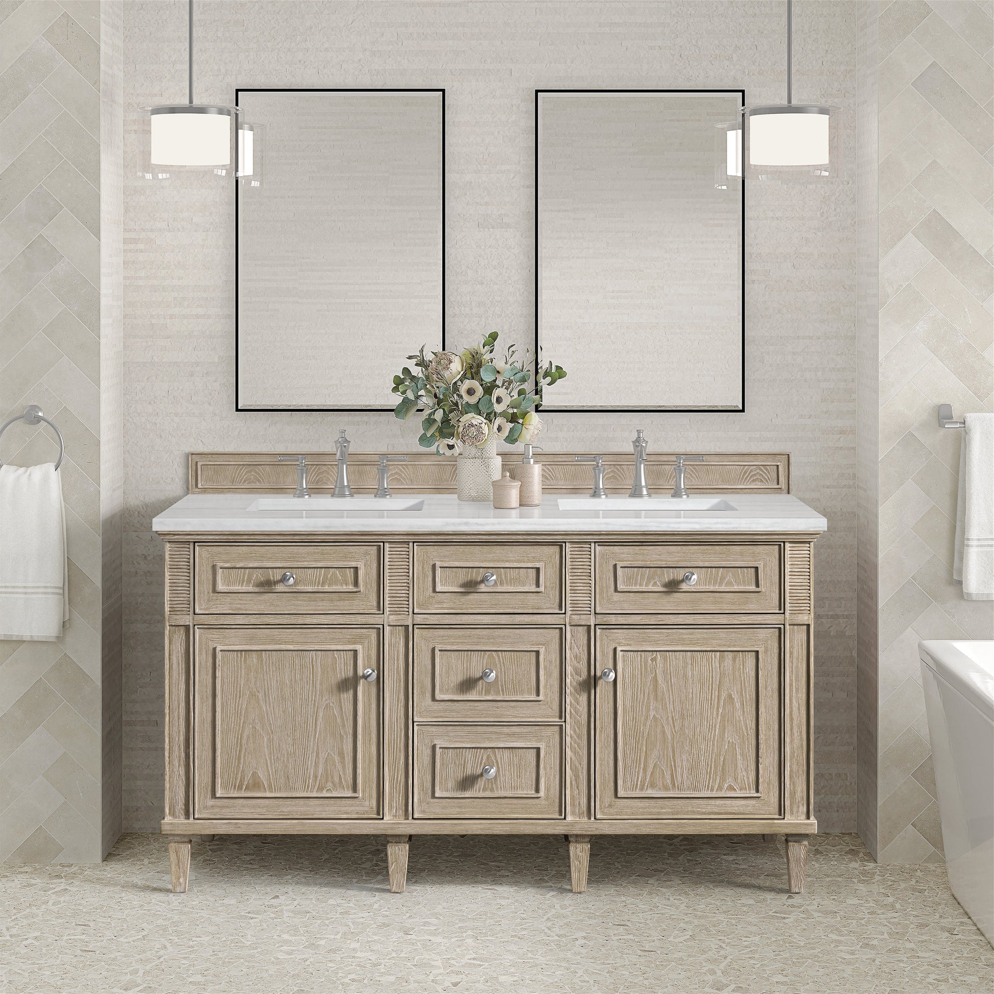 James Martin Vanities Lorelai 60" Whitewashed Oak Double Vanity With 3 CM Arctic Fall Solid Surface Top