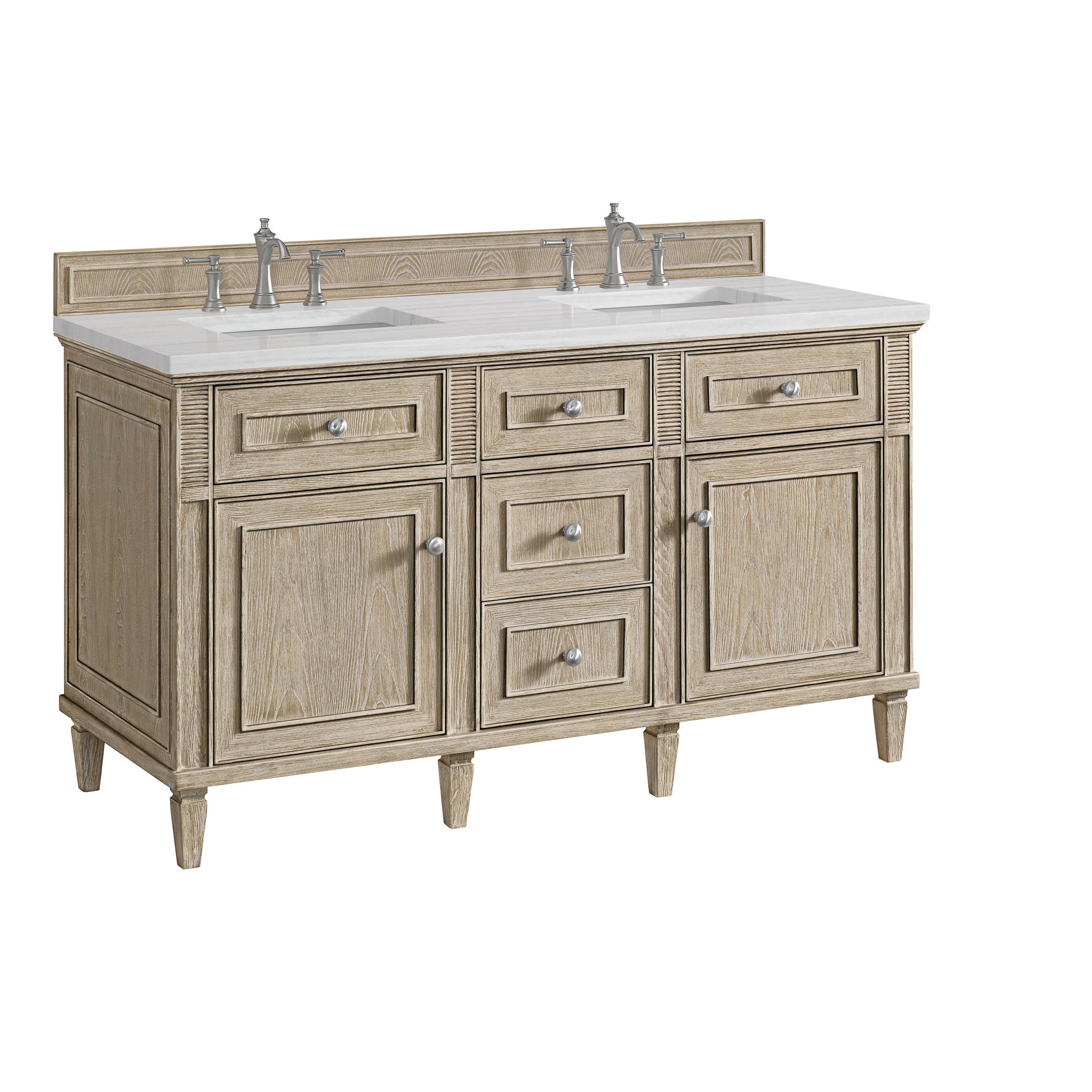 James Martin Vanities Lorelai 60" Whitewashed Oak Double Vanity With 3 CM Arctic Fall Solid Surface Top