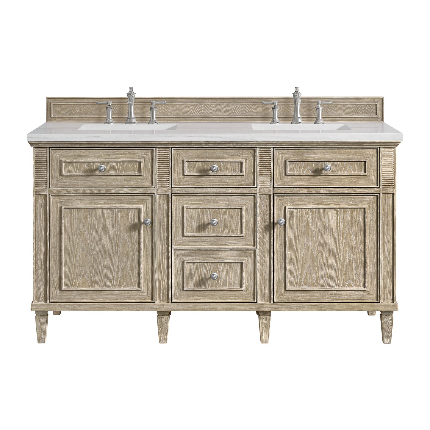 James Martin Vanities Lorelai 60" Whitewashed Oak Double Vanity With 3 CM Arctic Fall Solid Surface Top