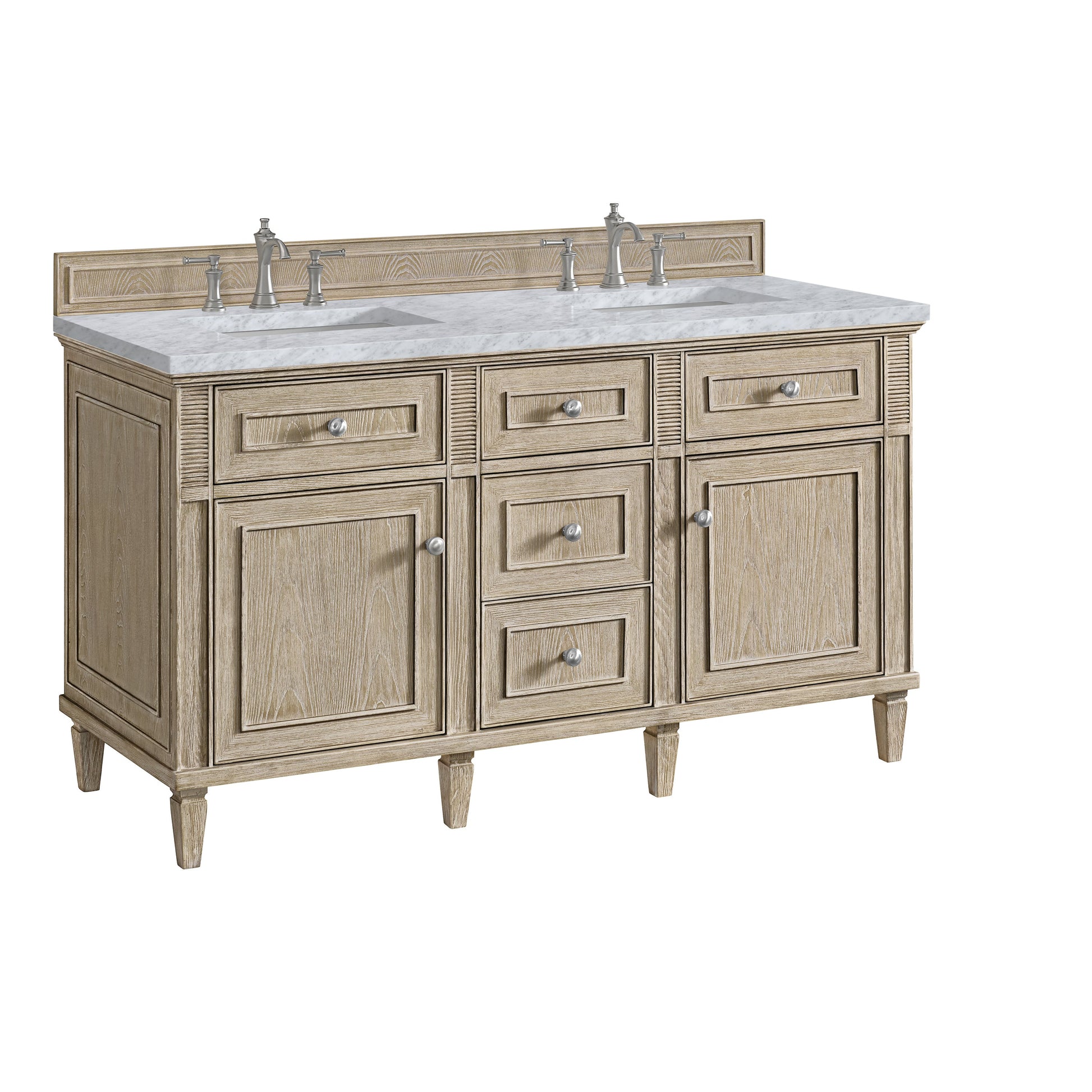 James Martin Vanities Lorelai 60" Whitewashed Oak Double Vanity With 3 CM Carrara White Marble Top