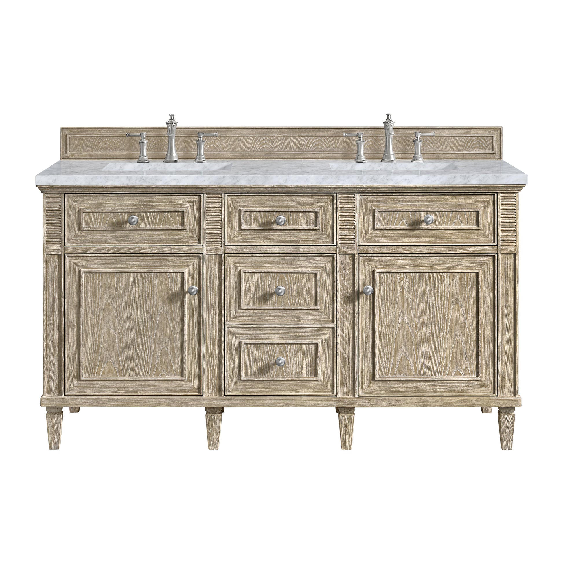 James Martin Vanities Lorelai 60" Whitewashed Oak Double Vanity With 3 CM Carrara White Marble Top