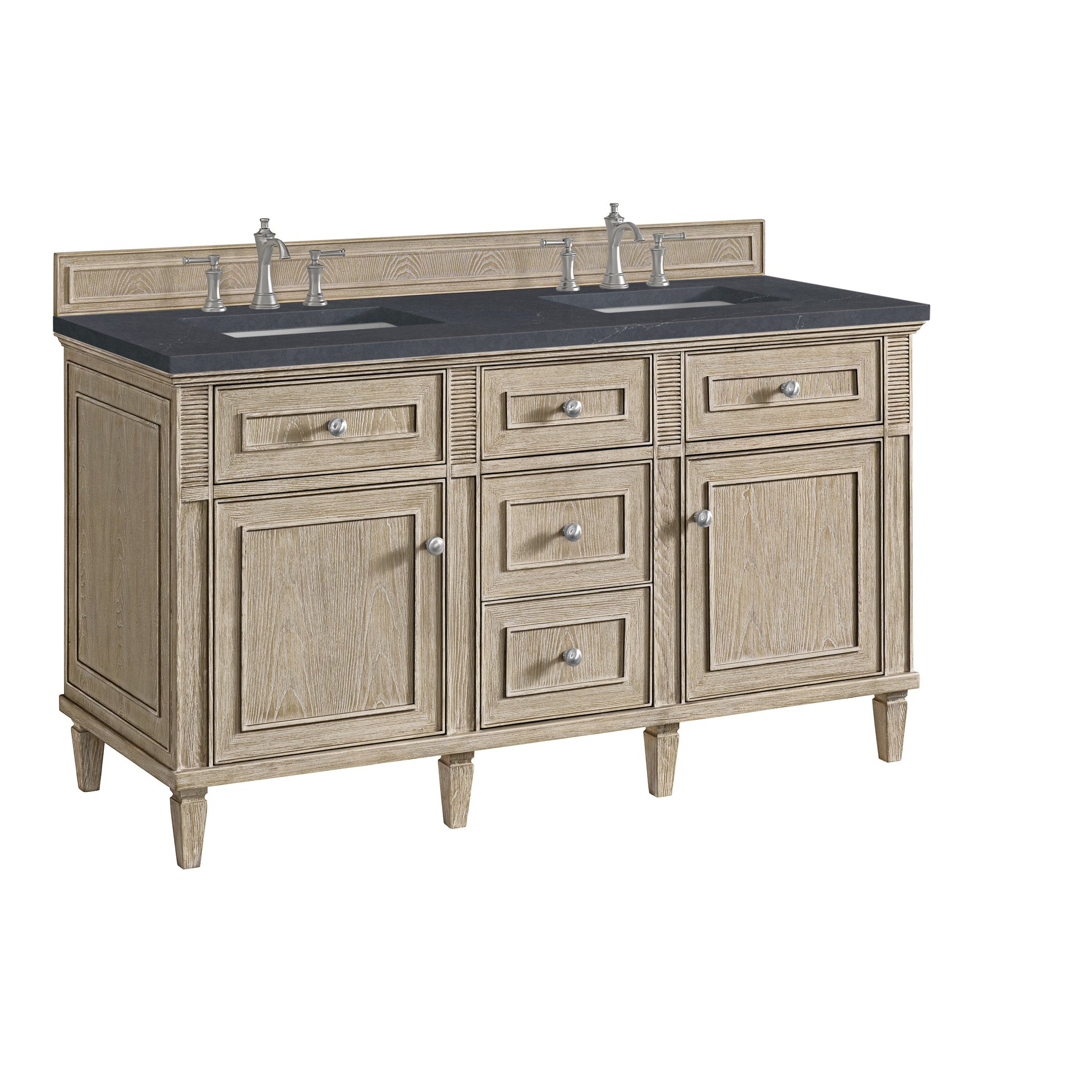 James Martin Vanities Lorelai 60" Whitewashed Oak Double Vanity With 3 CM Charcoal Soapstone Quartz Top