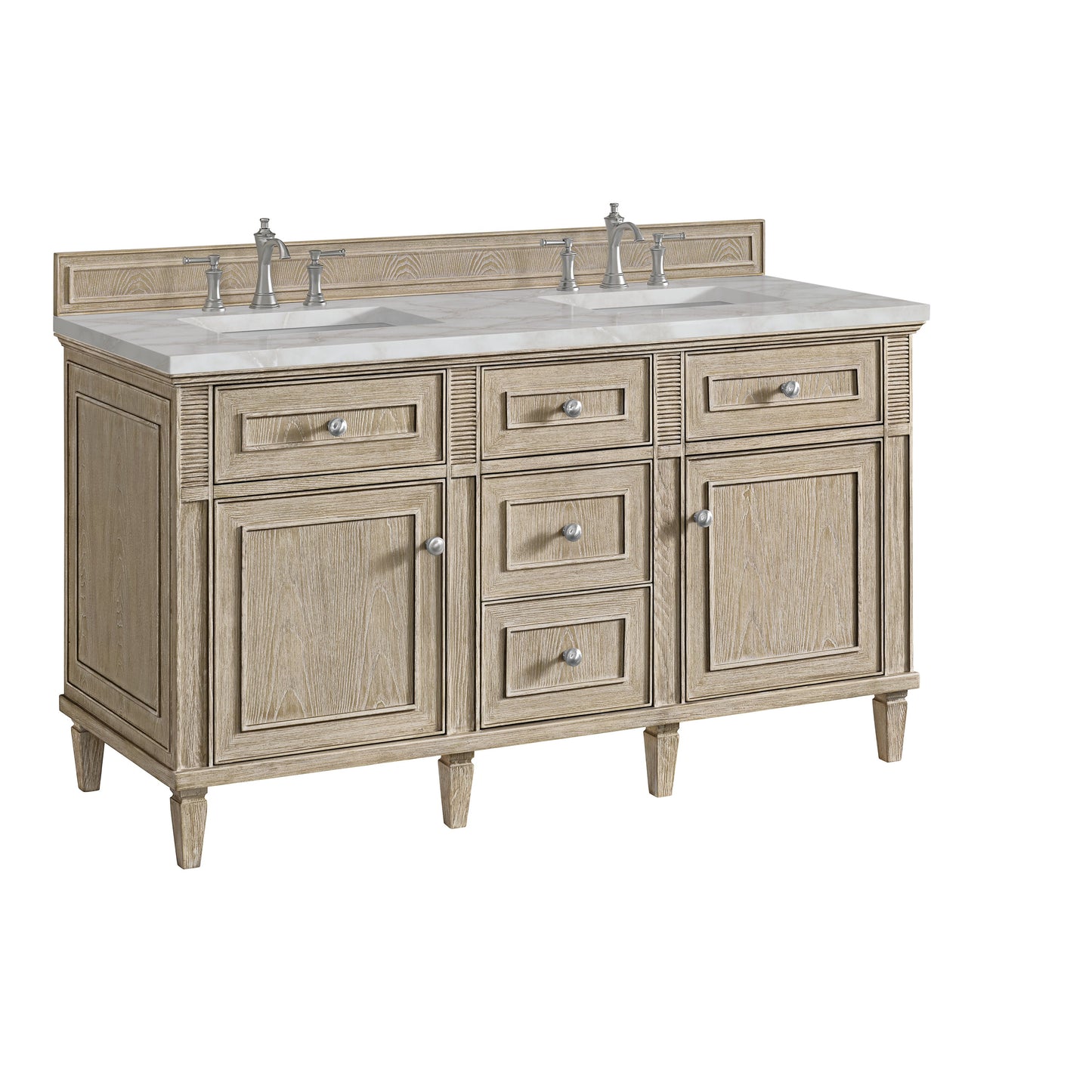 James Martin Vanities Lorelai 60" Whitewashed Oak Double Vanity With 3 CM Victorian Silver Quartz Top