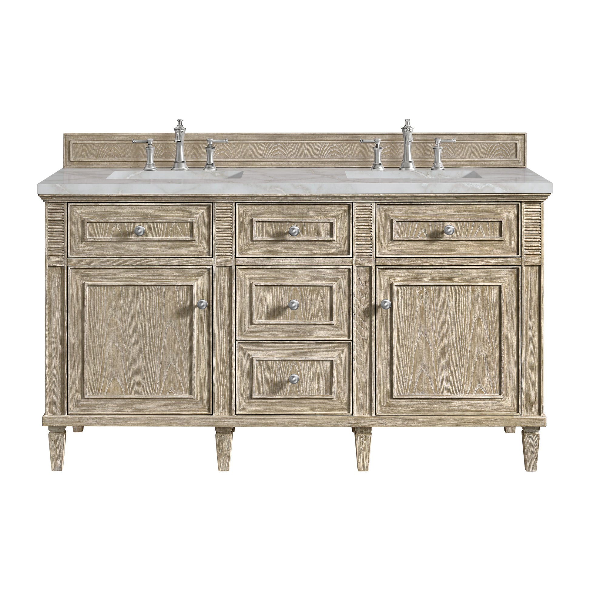 James Martin Vanities Lorelai 60" Whitewashed Oak Double Vanity With 3 CM Victorian Silver Quartz Top