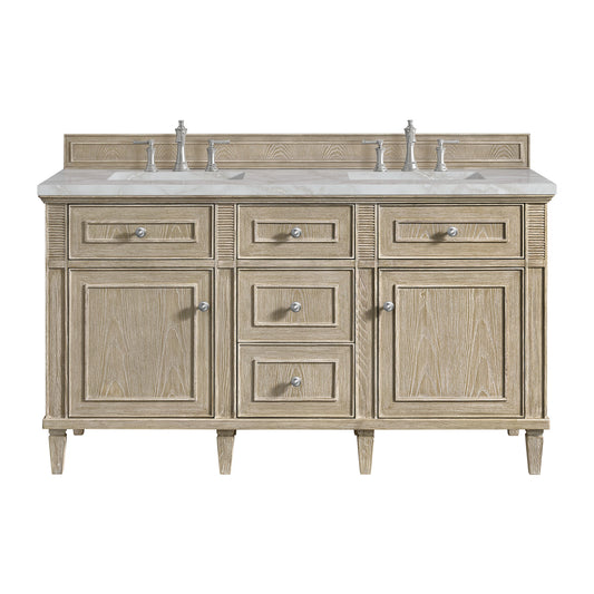 James Martin Vanities Lorelai 60" Whitewashed Oak Double Vanity With 3 CM Victorian Silver Quartz Top