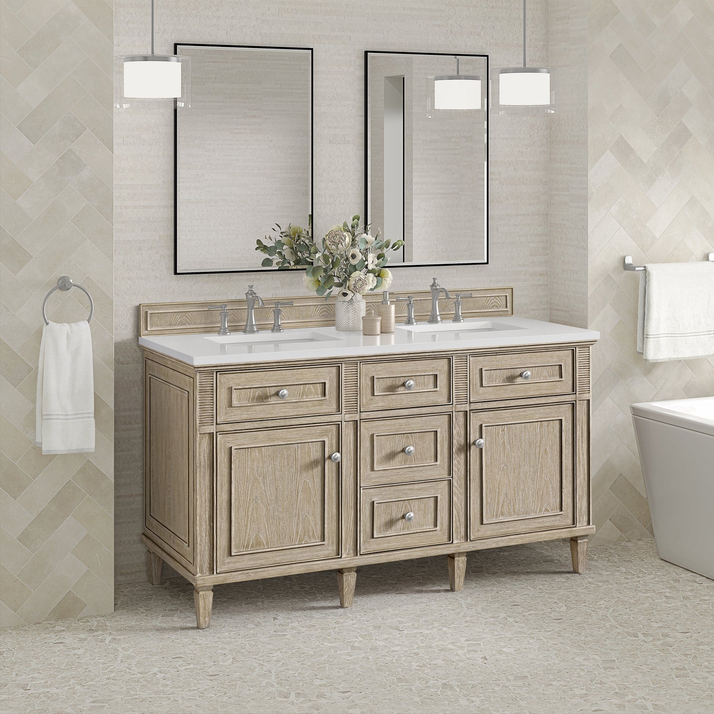 James Martin Vanities Lorelai 60" Whitewashed Oak Double Vanity With 3 CM White Zeus Quartz Top