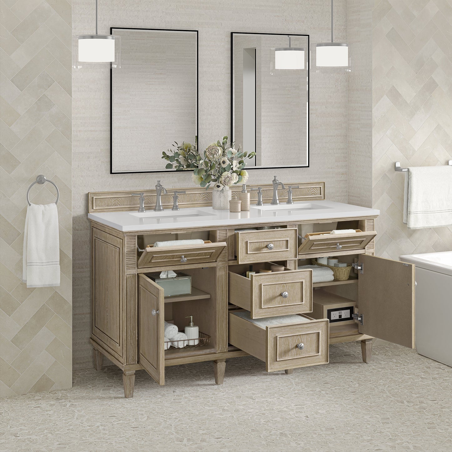 James Martin Vanities Lorelai 60" Whitewashed Oak Double Vanity With 3 CM White Zeus Quartz Top