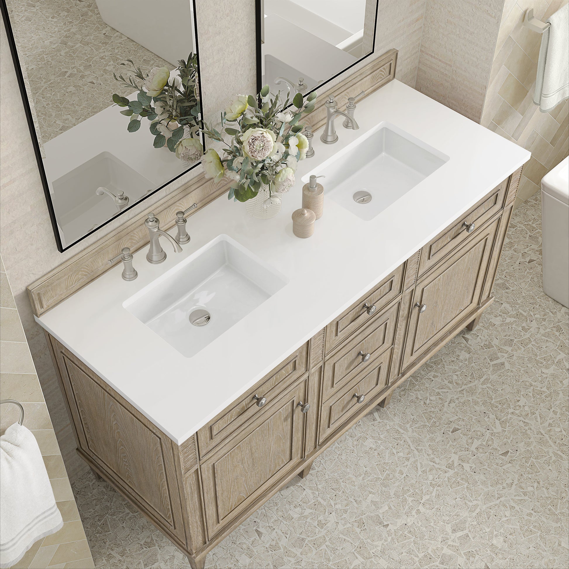 James Martin Vanities Lorelai 60" Whitewashed Oak Double Vanity With 3 CM White Zeus Quartz Top