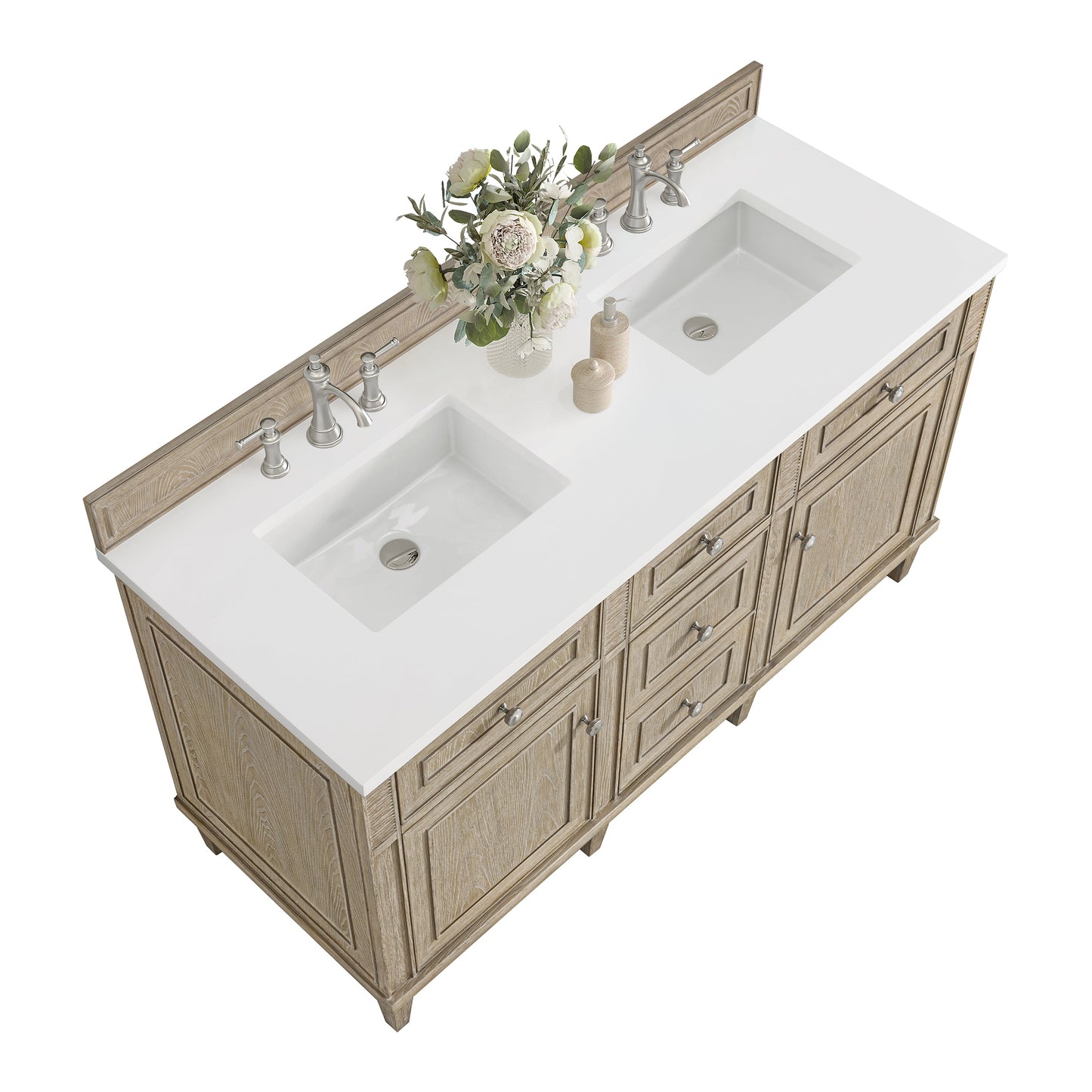 James Martin Vanities Lorelai 60" Whitewashed Oak Double Vanity With 3 CM White Zeus Quartz Top