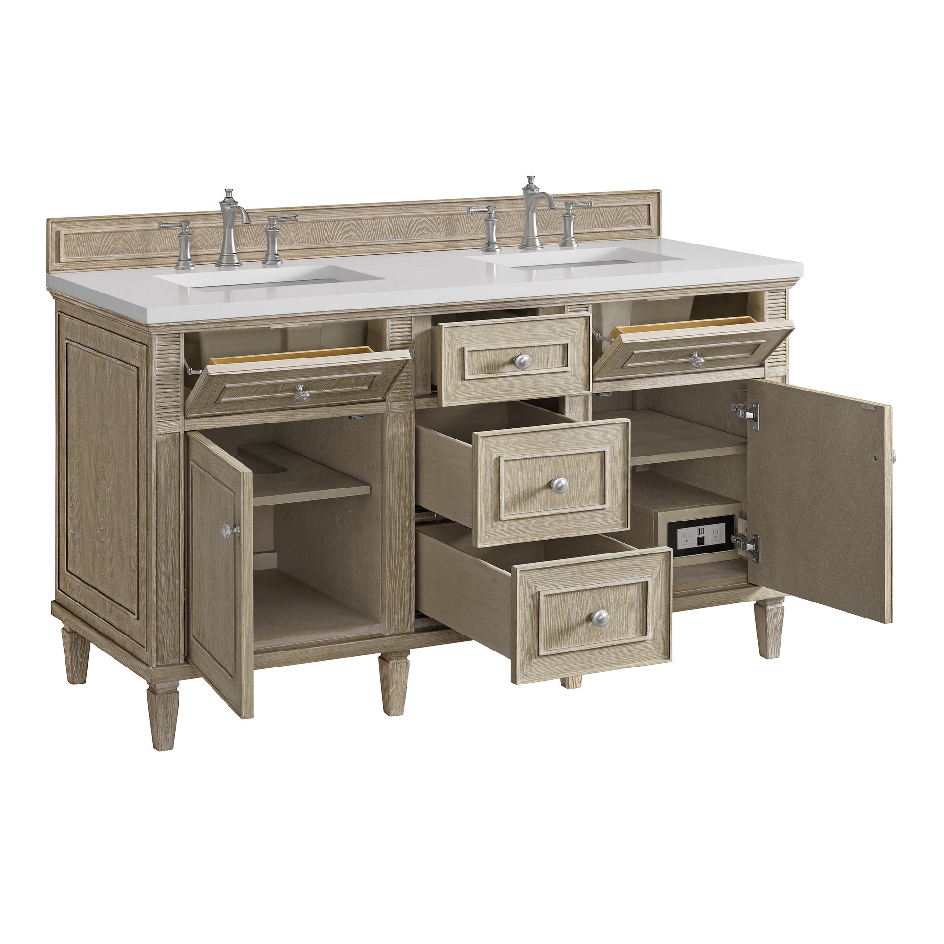 James Martin Vanities Lorelai 60" Whitewashed Oak Double Vanity With 3 CM White Zeus Quartz Top