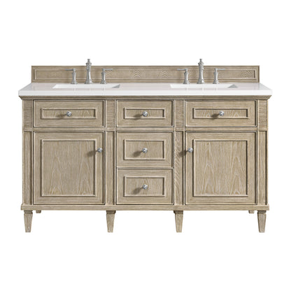 James Martin Vanities Lorelai 60" Whitewashed Oak Double Vanity With 3 CM White Zeus Quartz Top