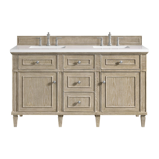 James Martin Vanities Lorelai 60" Whitewashed Oak Double Vanity With 3 CM White Zeus Quartz Top