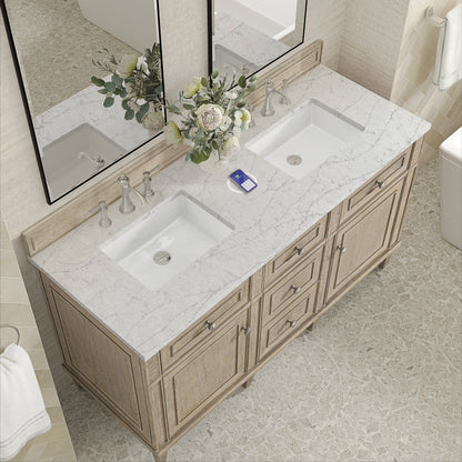 James Martin Vanities Lorelai 60" Whitewashed Oak Double Vanity With 3 cm Eternal Jasmine Pearl Silestone Top and FreePower Wireless Charger