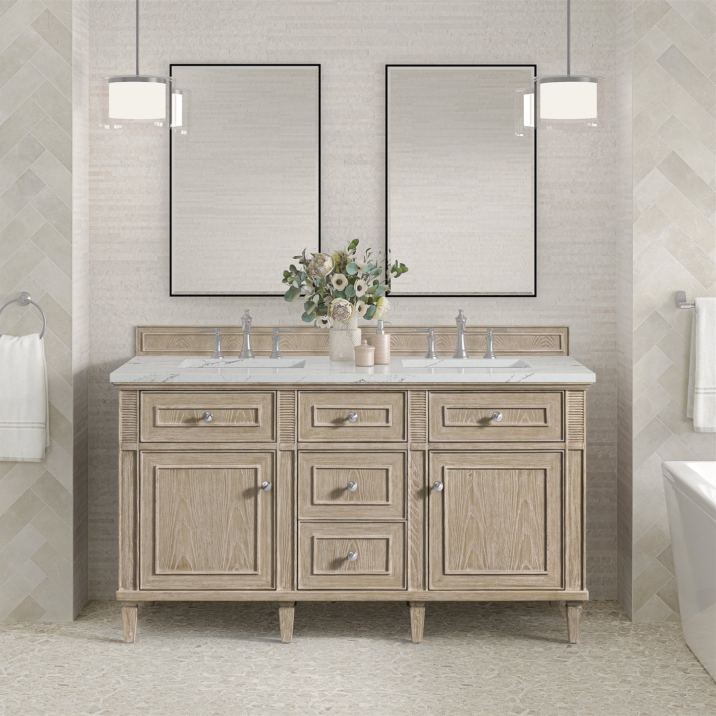 James Martin Vanities Lorelai 60" Whitewashed Oak Double Vanity With 3 cm Ethereal Noctis Silestone Top and FreePower Wireless Charger