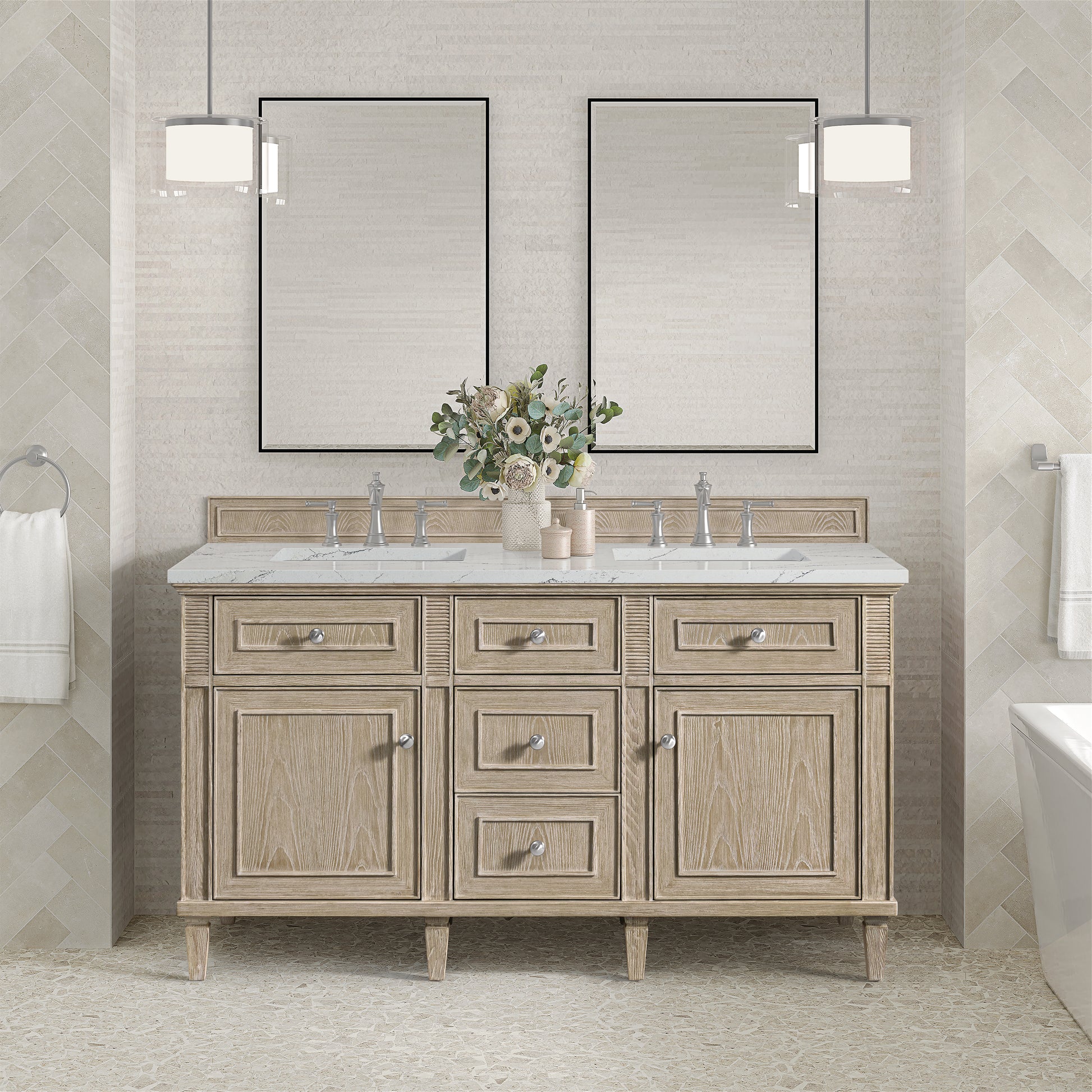 James Martin Vanities Lorelai 60" Whitewashed Oak Double Vanity With 3 cm Ethereal Noctis Silestone Top and FreePower Wireless Charger