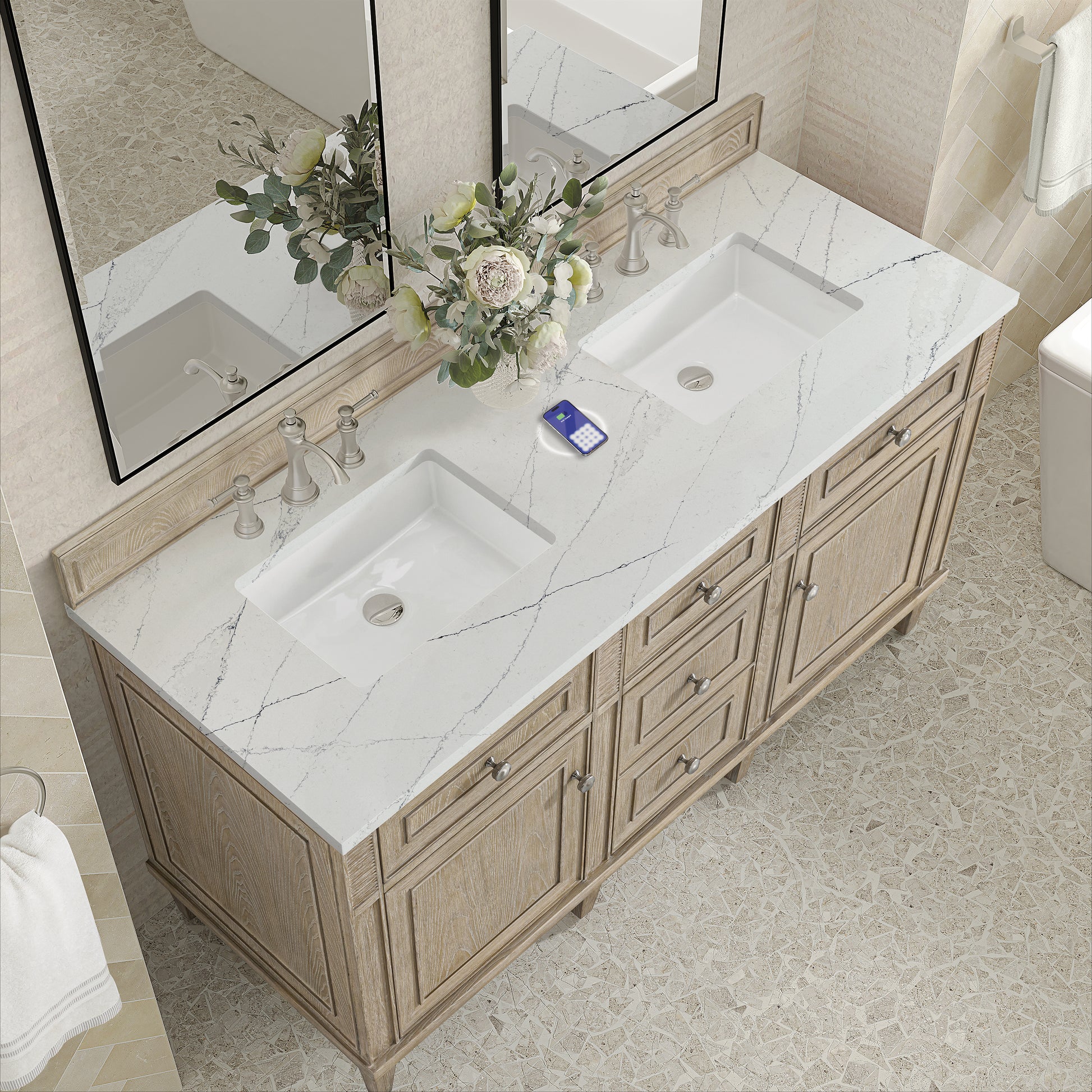 James Martin Vanities Lorelai 60" Whitewashed Oak Double Vanity With 3 cm Ethereal Noctis Silestone Top and FreePower Wireless Charger