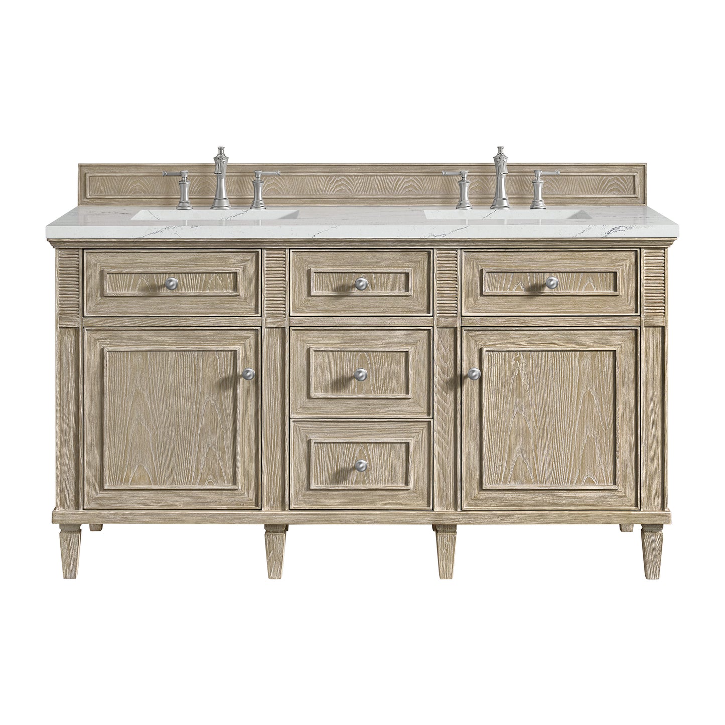 James Martin Vanities Lorelai 60" Whitewashed Oak Double Vanity With 3 cm Ethereal Noctis Silestone Top and FreePower Wireless Charger