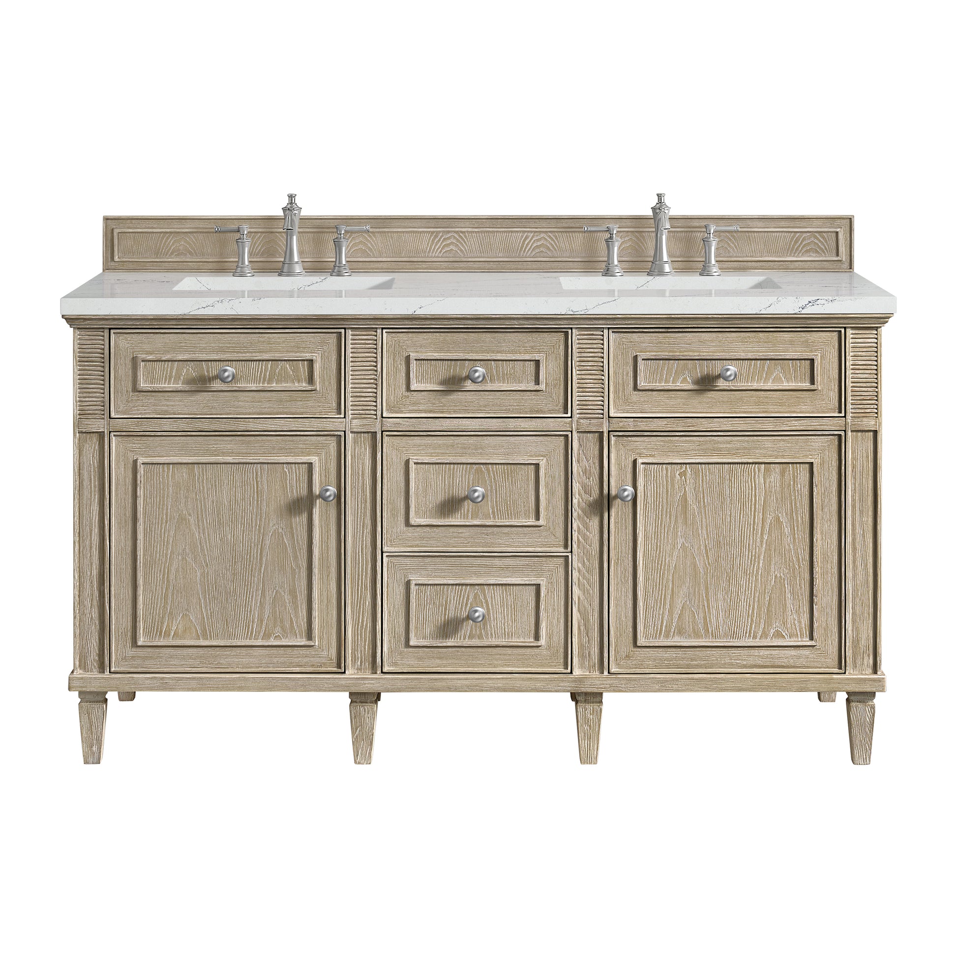 James Martin Vanities Lorelai 60" Whitewashed Oak Double Vanity With 3 cm Ethereal Noctis Silestone Top and FreePower Wireless Charger