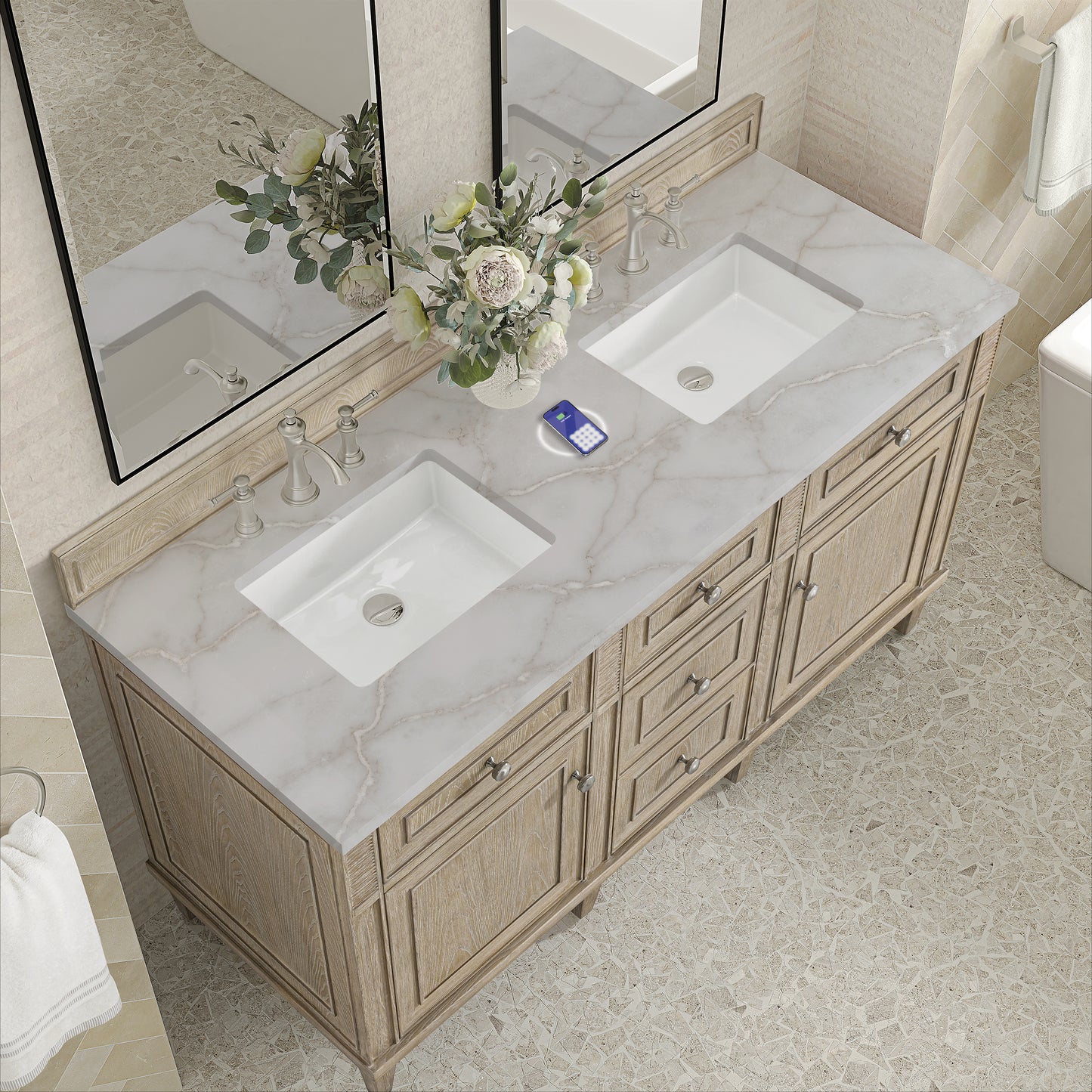 James Martin Vanities Lorelai 60" Whitewashed Oak Double Vanity With 3 cm Victorian Silver Silestone Top and FreePower Wireless Charger