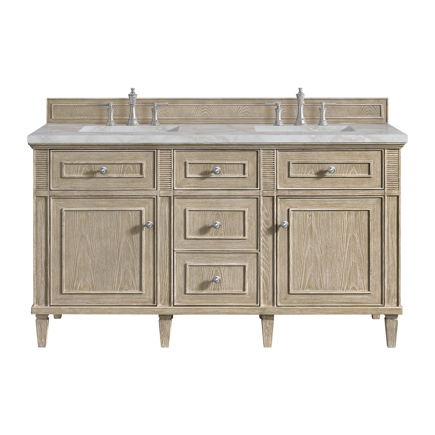 James Martin Vanities Lorelai 60" Whitewashed Oak Double Vanity With 3 cm Victorian Silver Silestone Top and FreePower Wireless Charger