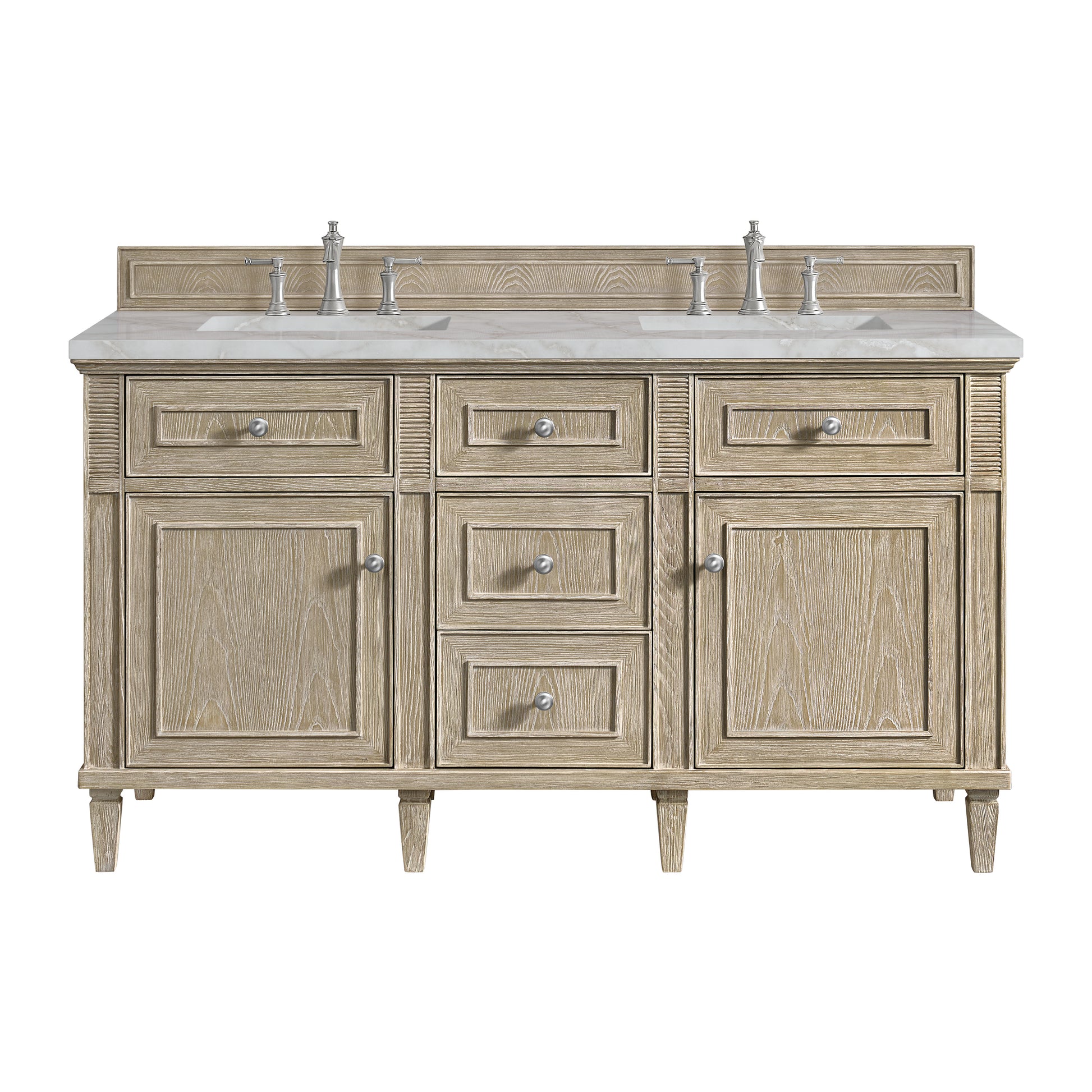 James Martin Vanities Lorelai 60" Whitewashed Oak Double Vanity With 3 cm Victorian Silver Silestone Top and FreePower Wireless Charger