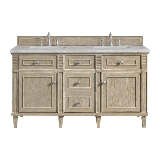 James Martin Vanities Lorelai 60" Whitewashed Oak Double Vanity With 3 cm Victorian Silver Silestone Top and FreePower Wireless Charger