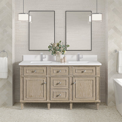 James Martin Vanities Lorelai 60" Whitewashed Oak Double Vanity With Single Hole 3 CM White Zeus Quartz Top & Backsplash