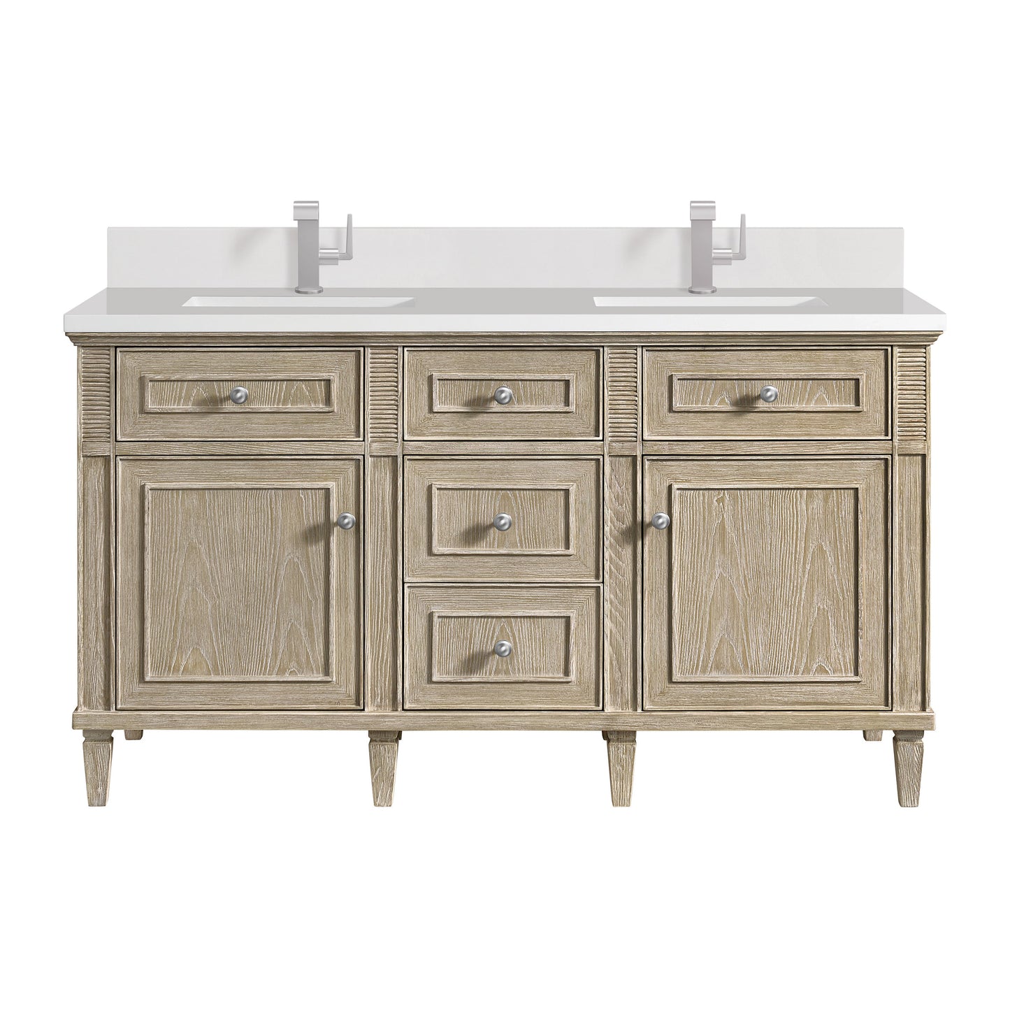 James Martin Vanities Lorelai 60" Whitewashed Oak Double Vanity With Single Hole 3 CM White Zeus Quartz Top & Backsplash