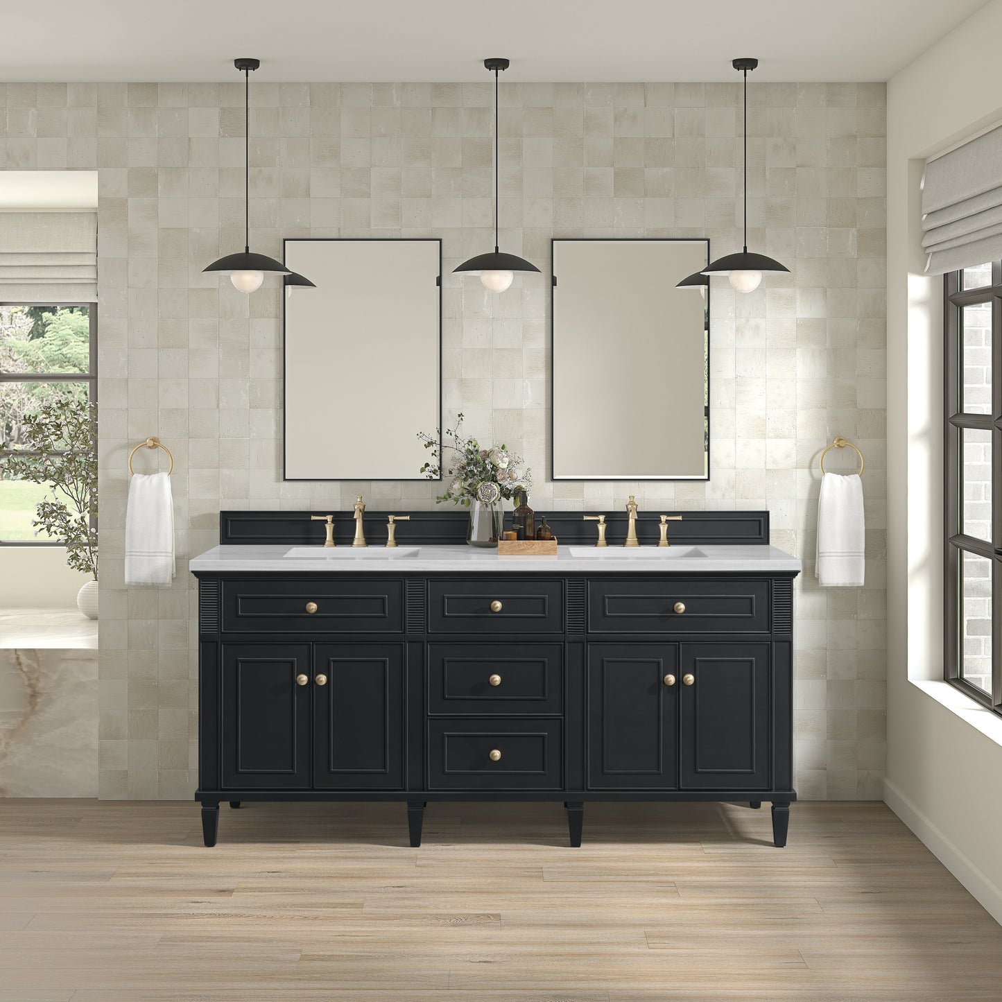 James Martin Vanities Lorelai 72" Black Onyx Double Vanity With 3 CM Arctic Fall Solid Surface Top