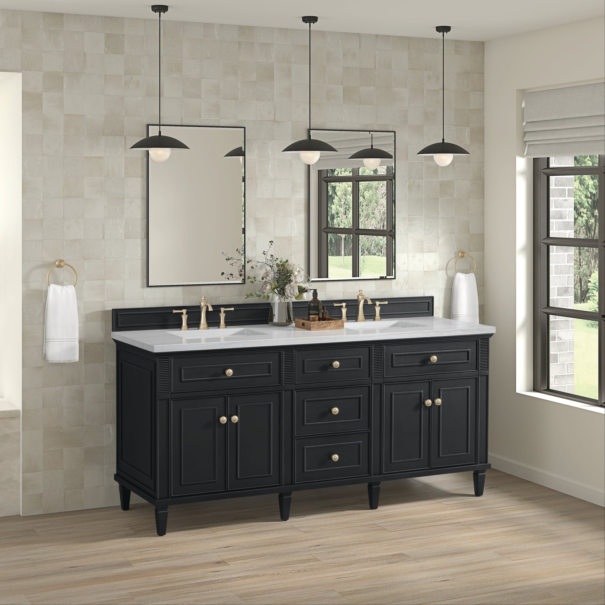 James Martin Vanities Lorelai 72" Black Onyx Double Vanity With 3 CM Arctic Fall Solid Surface Top