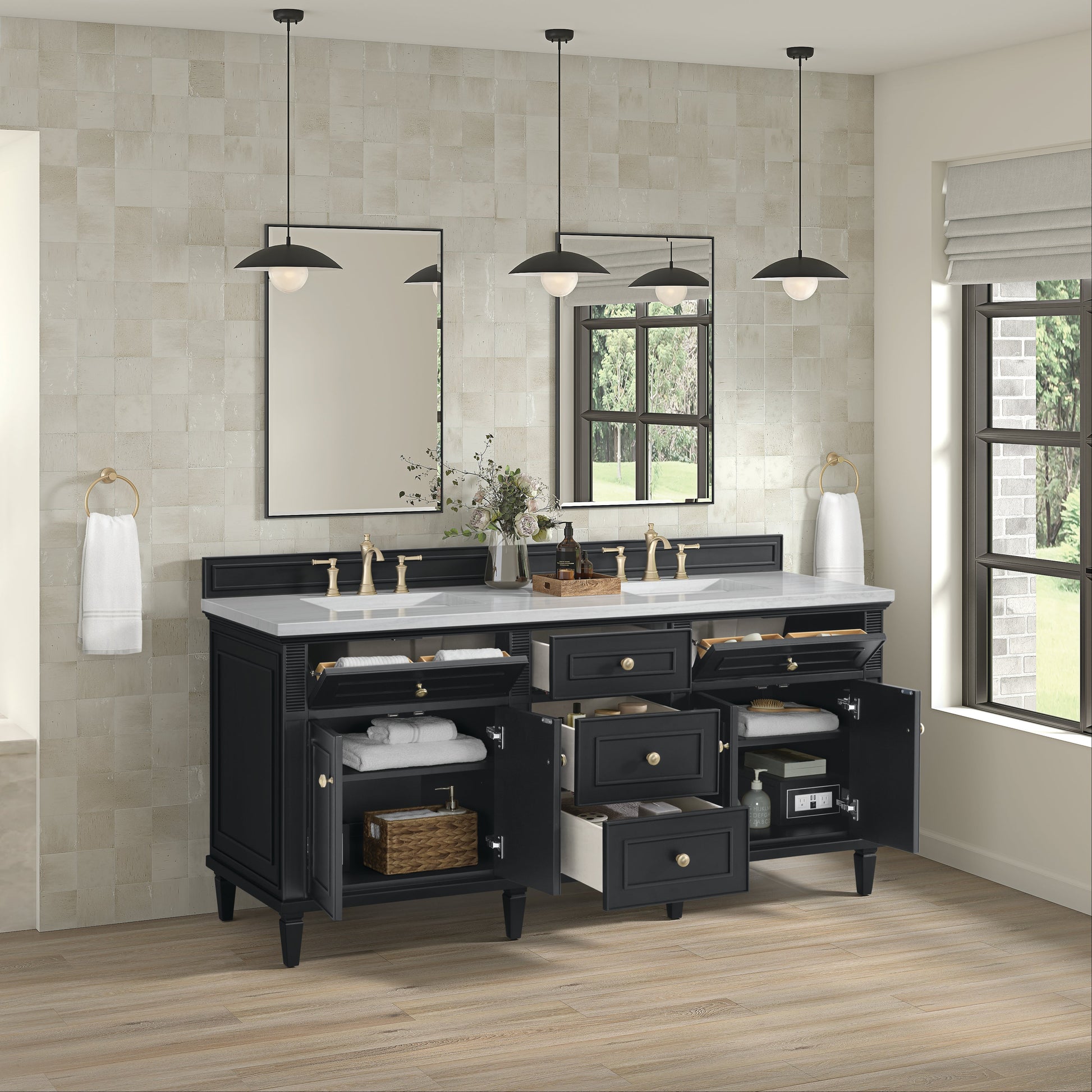 James Martin Vanities Lorelai 72" Black Onyx Double Vanity With 3 CM Arctic Fall Solid Surface Top