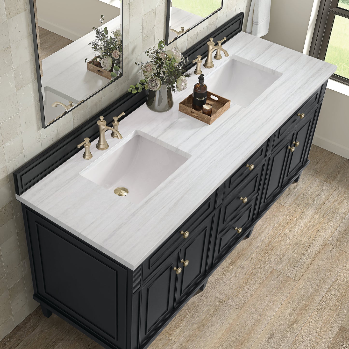 James Martin Vanities Lorelai 72" Black Onyx Double Vanity With 3 CM Arctic Fall Solid Surface Top