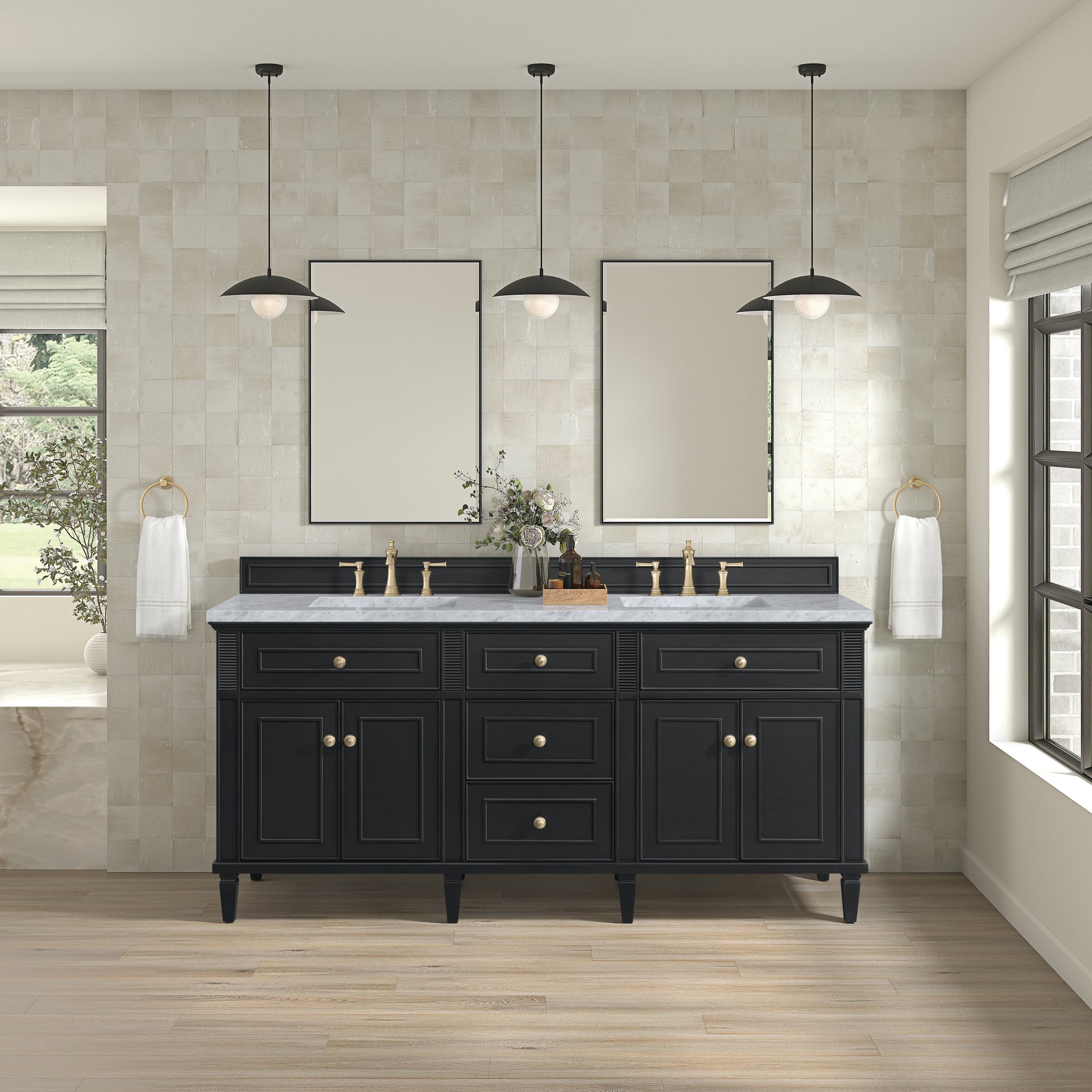 James Martin Vanities Lorelai 72" Black Onyx Double Vanity With 3 CM Carrara White Marble Top