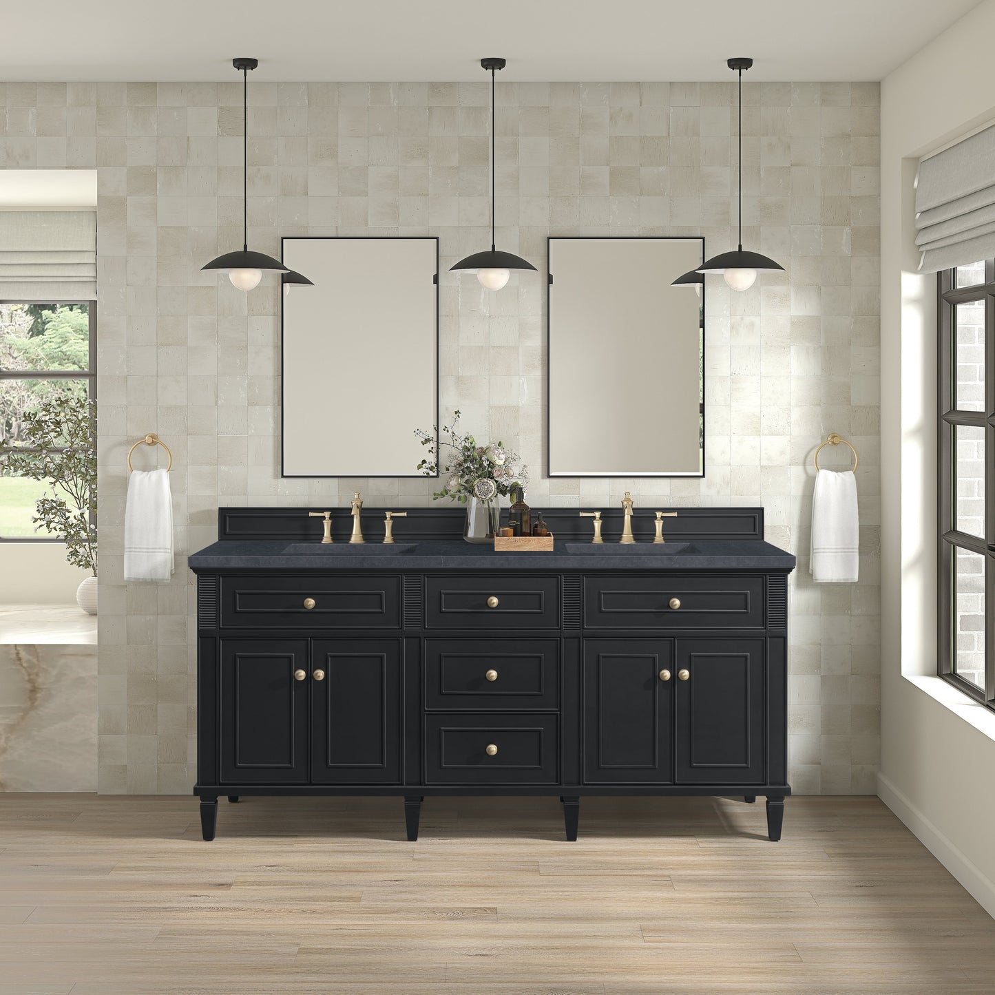 James Martin Vanities Lorelai 72" Black Onyx Double Vanity With 3 CM Charcoal Soapstone Quartz Top