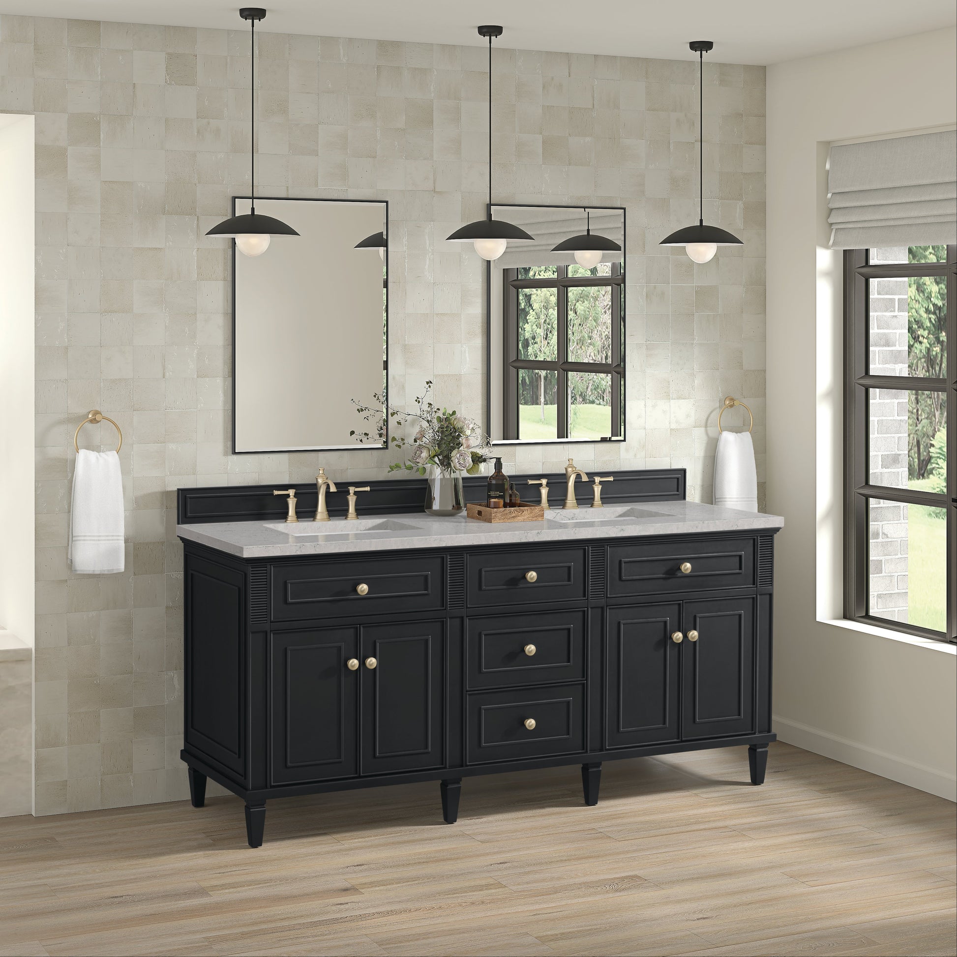 James Martin Vanities Lorelai 72" Black Onyx Double Vanity With 3 CM Eternal Jasmine Pearl Quartz Top