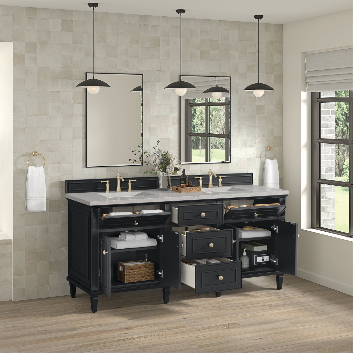 James Martin Vanities Lorelai 72" Black Onyx Double Vanity With 3 CM Eternal Jasmine Pearl Quartz Top