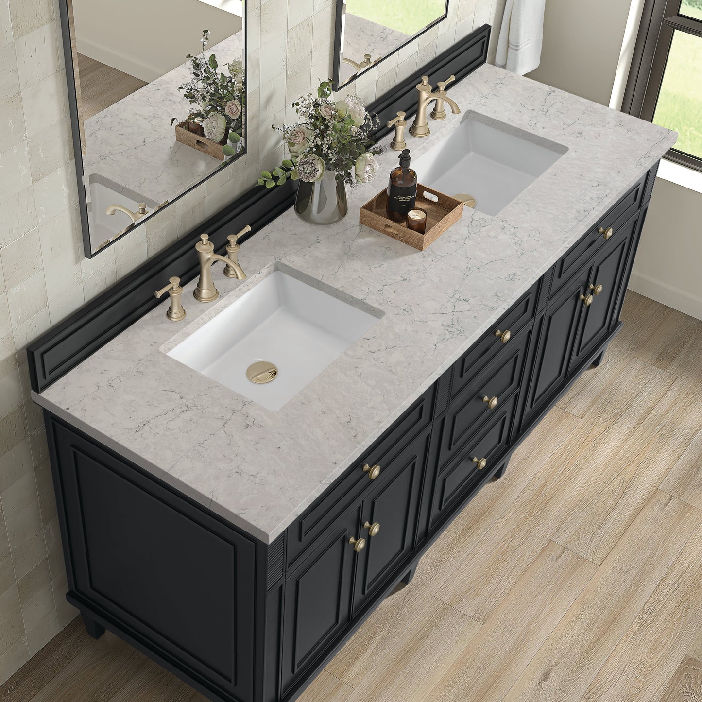 James Martin Vanities Lorelai 72" Black Onyx Double Vanity With 3 CM Eternal Jasmine Pearl Quartz Top