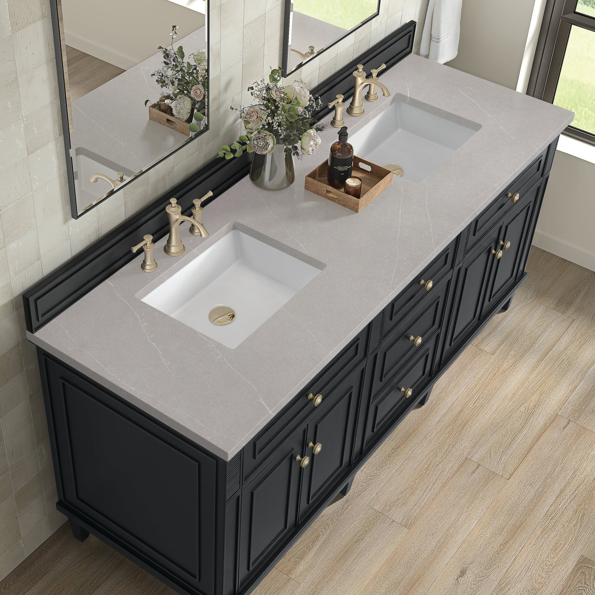 James Martin Vanities Lorelai 72" Black Onyx Double Vanity With 3 CM Eternal Serena Quartz Top